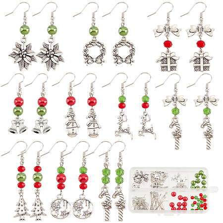 SUNNYCLUE Christmas Theme DIY Earring Making Kit, Including Glass Pearl Beads, Brass Earring Hooks, Wreath & Bell & Candy Cane & Reindeer Alloy Links & Pendants, Mixed Color, 114Pcs/box