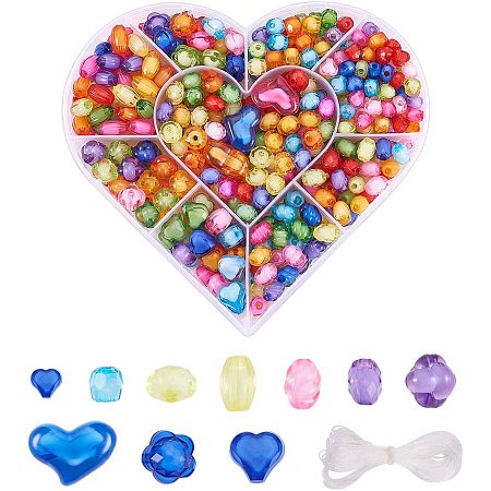 Pandahall Elite 500pcs 10 Style Acrylic Beads Colorful Beading Kits and Elastic Thread with Heart Shape Storage Box for Necklace Bracelets Headband Ring Handmade Gifts