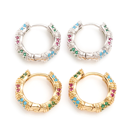 NBEADS Brass Micro Pave Cubic Zirconia Huggie Hoop Earrings, Ring, Colorful, Mixed Color, 15.5x16.5x4mm, Pin: 1mm