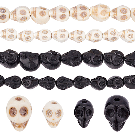 SUNNYCLUE 1 Box 4 Strands About 180Pcs Halloween Skull Beads Synthetic Turquoise Beads Mini Skull Heads for Crafts Skull Shaped Stones Loose Spacer Beads Bracelet Making Halloween Crafts Black White