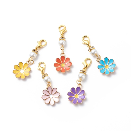 Honeyhandy Flower Alloy Enamel Pendant Decoration, Lobster Clasp Charms, Clip-on Charms, with Glass Imitation Pearl Round Bead, Mixed Color, 45mm