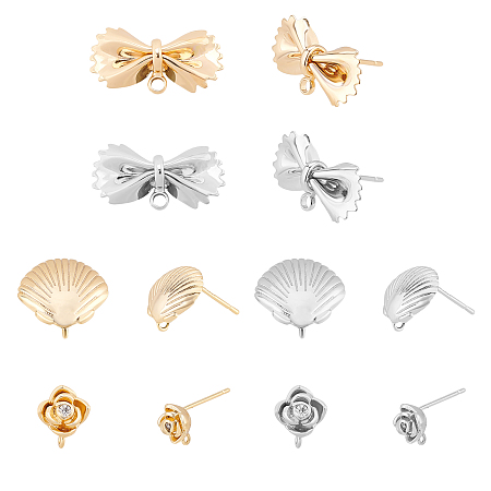 PandaHall Elite 6 Styles Earring Studs, 12pcs Cubic Zirconia Flower Bowknot Shell Post Earrings with Loop Long-lasting Gold Solver Plated Ear Pin Earring Findings for Women Lady Jewellery Earrings Making