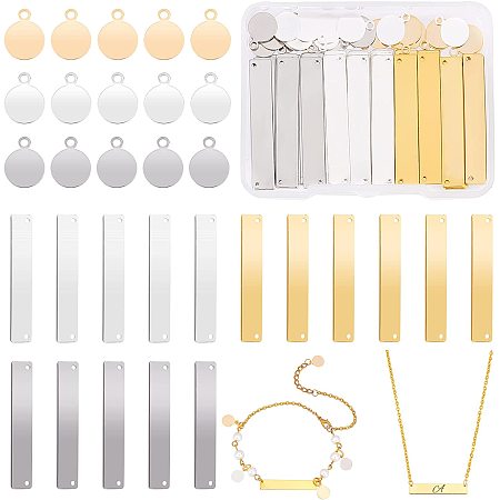 PandaHall Elite 60pcs Stamping Blank Tag 3 Colors Blank Pendants Charms 6x35mm Rectangle Brass Stamping Bar 8mm Round Disc Charm with Hole for Keychain Name Plate Earring Necklace Pet Tag
