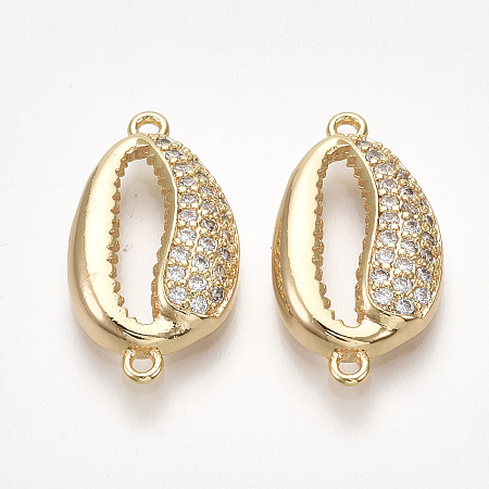 Honeyhandy Brass Cubic Zirconia Links, Cowrie Shell Shape, Nickel Free, Real 18K Gold Plated, Clear, 21x11x3.5mm, Hole: 1.2mm