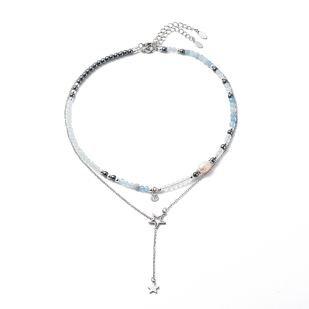 Honeyhandy 2Pcs 2 Style 304 Stainless Steel Shell & Star Charms Lariat Necklaces Set with Natural Pearl, Opalite & Natural Aquamarine & Synthetic Hematite Beaded Necklaces for Women, Stainless Steel Color, 15.59~19.06  inch(39.6~48.4cm), 1Pc/style