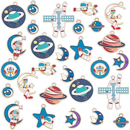 SUPERFINDINGS 48Pcs 12 Style Space Theme Enamel Pendants Alloy Spaceman Charms Astronaut Planet Star Moon Charm with 1.6-2mm Hole for DIY Jewelry Craft Making