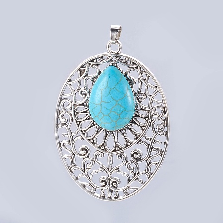 NBEADS Synthetic Turquoise Big Pendants, with Alloy Findings, Oval with Drop, Antique Silver, 64x46x8mm, Hole: 5x6mm