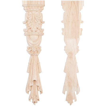 SUPERFINDINGS 2pcs Rubber Wood Carved Applique Onlay Furniture Unpainted Decoration Wood Carved Decoration Appliques for Front Door Cabinet Decoration, 37.7x8.2cm