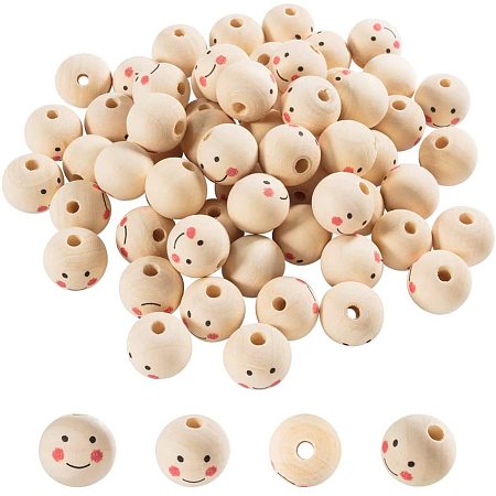 PandaHall Elite 100pcs Natural PapayaWhip Color Smile Face Ball Wood Beads Spacer Beads for DIY Jewelry Bracelet Necklace Making