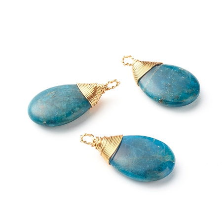Honeyhandy Natural Apatite Pendants, with Real 18K Gold Plated Eco-Friendly Copper Wire, Teardrop, 31.5x17x6mm, Hole: 2~3mm