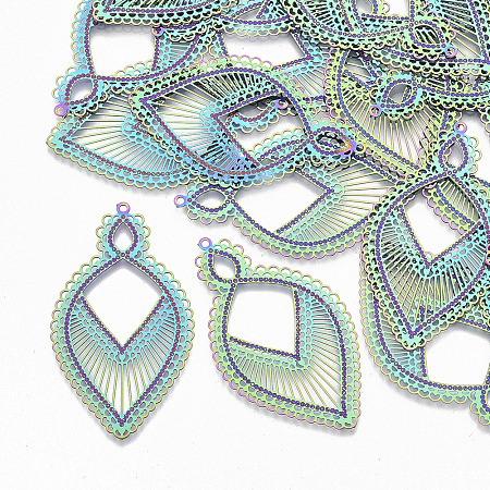 NBEADS 201 Stainless Steel Filigree Big Pendants, Etched Metal Embellishments, Leaf, Multi-color, 47x27.5x0.3mm, Hole: 1.4mm