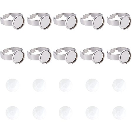 Unicraftale DIY Finger Rings Making Kits, include Adjustable 304 Stainless Steel Finger Rings Components and Transparent Half Round Glass Cabochons, Stainless Steel Color, Finger Rings Components: Tray: 10mm; Size 7, 17mm, 24pcs/box