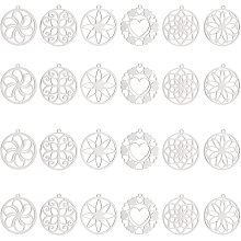 UNICRAFTALE 24pcs 6 Styles Ring with Flower Pattern Pendants 201 Stainless Steel Charms Metal Dangle Pendants for DIY Jewelry Making