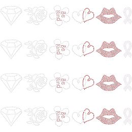 FINGERINSPIRE 24PCS 6 Style Rhinestone Iron-on Transfers Flower Lip Heart Diamond Awareness Ribbon Shape Sparkle Decals Glitter Hotfix Transfer Patch for DIY Costume Decor, 1.6~2.8 inch