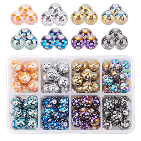 Christmas Electroplate Glass Beads, Round with Star Pattern, Mixed Color, 10mm, Hole: 1.2mm, 8 colors, 13~15pcs/color, 104~120pcs/box