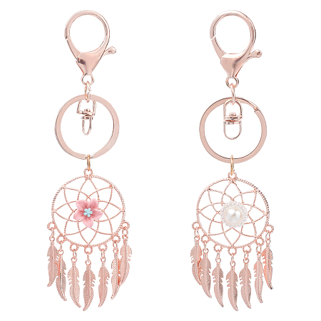 NBEADS Alloy Keychain, Woven Net/Web with Feather, Rose Gold, 2pcs/set