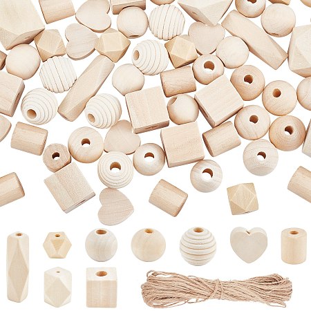 Pandahall Elite 130pcs Wood Beads Set 9 Styles Wood Spacer Beads Unfinished Faceted Wood Beads Macrame Beads with 10m/10.93 Yard Jute Twine for Tassel Macrame Garland Jewelry Making Home Decor, 15~40mm