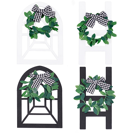 NBEADS 4 Pcs Wooden Farmhouse Tiered Tray Decor, Black and White Rustic Cathedral Arch Window Sign Farmhouse Small Wooden Window and Ladder with Leaf Bowknot for Home Vintage Decor