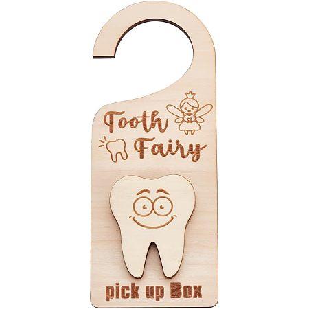 GOMAKERER 1 Pc Wood Door Knob Sign, PapayaWhip Tooth Fairy Door Hanger with Money Holder Tooth Fairy Pick up Box Encourage Gift for Lost Teeth, Home Decoration