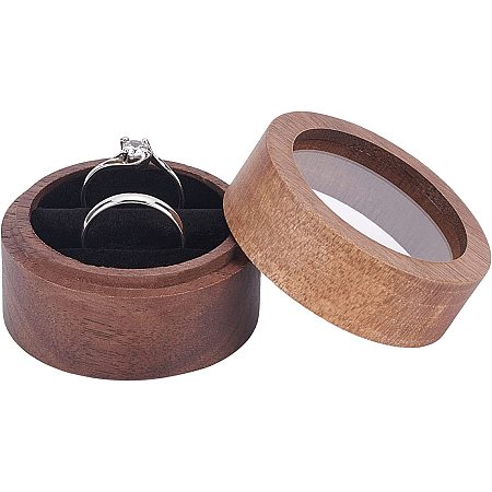 FINGERINSPIRE Walnut Wooden Ring Box (Coffee,2x1.4inch) Round Walnut Ring Organizer with Clear Window, Small Jewelry Ring Box with Two Slots Black Velvet for Proposal Engagement Wedding Ceremony