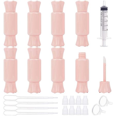 BENECREAT 8Pcs Pink Candy Shape Lip Gloss Tube with Rubber Stopper, Plastic Pipette Funnels and Syringe for Travel Sample, DIY Lip Glaze Storage