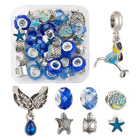 Arricraft DIY Jewelry Making Kits, Including 16Pcs Glass European Beads, 16Pcs Alloy European Beads and 4Pcs Alloy European Dangle Charms, Rondelle & Starfish & Flat Round & Tortoise & Cocktail Glass & Wing, Mixed Color, 36pcs/box