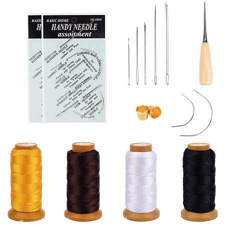 NBEADS 4 Rolls Nylon Sewing Threads, 4 Pcs C-Shape Curved Needles, 2 Pcs Aluminum Finger Protectors, 2 Sets Sewing Needles, 1 Pc Stainless Steel U Shaped Scissor and 1 Pc Awl for DIY Leather Sewing