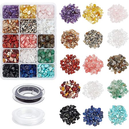 NBEADS 1 Box Crystal Chips Beads, 15 Materials Chips rregular Beads Natural Gemstones Beads with 2 Rolls Elastic Thread for Jewelry Making DIY Crafts, About 5~8mm Wide