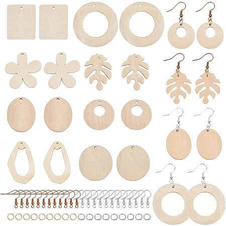 NBEADS 24 Pairs Unfinished Wooden Earring Pendants, 8 Styles Undyed Leaf Flower Geometry Wood Charms Dangle Earring Making Kit with Jump Rings and Earring Hooks for Jewelry Crafts Making
