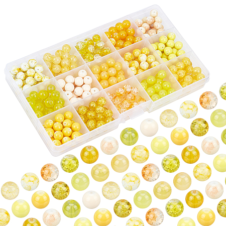 PandaHall Elite 375Pcs 15 Style Round Glass Beads, Spray Baking Painted Crackle Spacer Loose Beads Yellow Series Ball Beads with Acrylic Beads for DIY Jewelry Bracelet Necklace Craft, 8-9mm