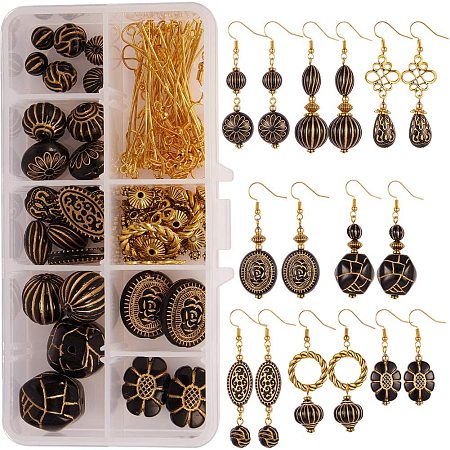 SUNNYCLUE 1 Box DIY 8 Pairs Black Acrylic Dangle Earring Jewelry Making Starter Kit Golden Plated Metal Enlaced Beads Arts Craft Supplies for Beginners Adults Women Girls, Instruction