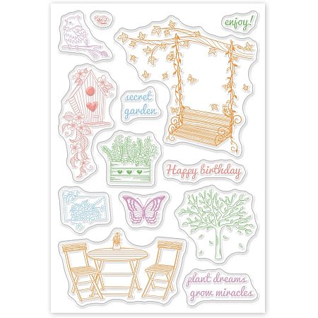 GLOBLELAND Garden Decoration Silicone Clear Stamps with Swing Tree Butterfly Envelope Style for Card Making DIY Scrapbooking Photo Album Decorative Paper Craft,6.3x4.3 Inches