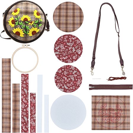 WADORN DIY Round Crossbody Bag Embroidery Kit, Circular Shoulder Bag Cross Stitch Tools Kit with Instruction Sunflower Pattern Handmade Purse Needlework Sewing All Materials for Adults Crafts Gifts