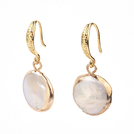 Honeyhandy Plated Natural Baroque Pearl Keshi Pearl Beads Dangle Earrings, with Brass Finding, Flat Round, Golden, 30mm