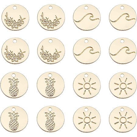 BENECREAT 32Pcs 4 Style Round Carved Tiny Charms, Real Gold Plated Engraaved Pineapple Pendants for DIY Necklace Bracelet Jewelry Making Accessories