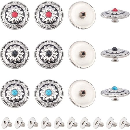 AHANDMAKER 18 Set 3 Colors Alloy and Turquoise Craft Solid Screw Rivet, Vintage Metal Screw Button with Iron Findings, Flat Round Sunflower Decorative Buckle for DIY Luggage Leather Goods Accessories