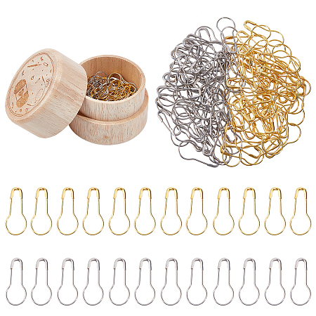 NBEADS Alloy Calabash Pins, Knitting Stitch Marker, with Wooden Storage Box, Platinum & Golden, 22x19.5x1.5mm, 100pcs/box