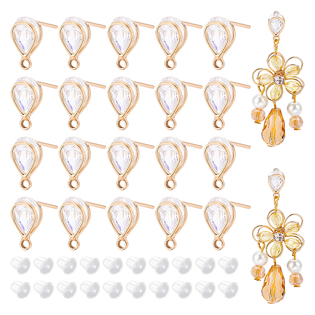 BENECREAT 20Pcs Brass Micro Pave Clear Cubic Zirconia Stud Earring Findindgs, with Horizontal Loops, Teardrop, with 40Pcs Plastic Ear Nuts, Golden, 11x6mm, Hole: 1.6mm, Pin: 0.9mm