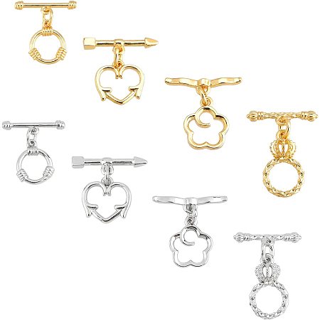 PandaHall Elite Toggle Clasps, Ring Jewelry Clasps Flower OT Clasp T-bar Closure Clasps Heart IQ Toggle Clasps TBar Clasps Buckle End Clasps for Necklace Bracelet Jewelry Making, 8 Sets
