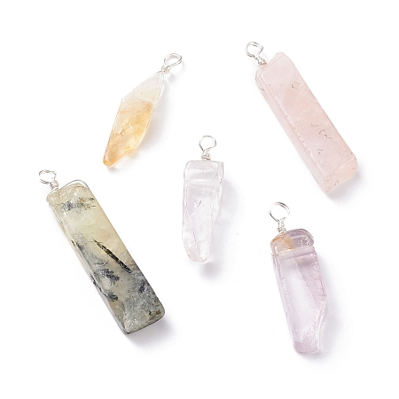 Honeyhandy Natural Mixed Quartz Pendants, Twisted with Silver Tone Copper Wire, Rectangle, 35.5~53x9~11x6~8.5mm, Hole: 3~4mm