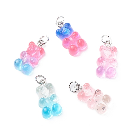 Honeyhandy Gradient Color Transparent Resin Pendants, with Glitter Powder and Stainless Steel Color Tone 304 Stainless Steel Jump Rings, Bear Charm, Mixed Color, 21x11x6.5mm, Jump Ring: 6x0.8mm, Inner Diameter: 4.5mm
