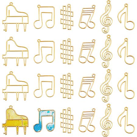 OLYCRAFT 24pcs Music Theme Open Bezel Charms Music Note Piano Pendants Alloy Frame Pendants Hollow Resin Frames with Loop for Resin Jewelry Making - 6 Styles