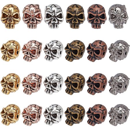PandaHall Elite Skull Beads, 24pcs 6 Styles Zinc Alloy Skeleton Head Bead Charms Loose Spacer Bead for Men Original Bracelet DIY Earring Necklaces and Halloween Home Party Decorations