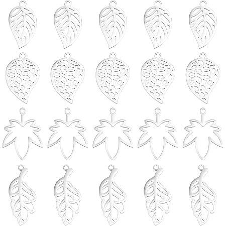 DICOSMETIC 24Pcs 4 Style Stainless Steel Leaf Pendant Handmade Hollow Leaf Plant Pendants Charms Craft Making Kits for DIY Necklace Bracelet Jewelry Making(Hole: 1.6mm)