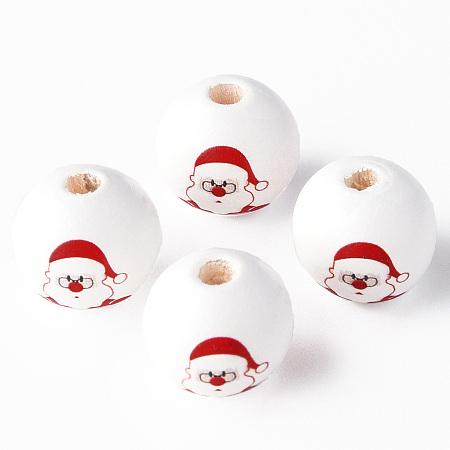 Honeyhandy Painted Natural Wood Beads, Round with Father Christmas Pattern, Red, 16x15mm, Hole: 4mm