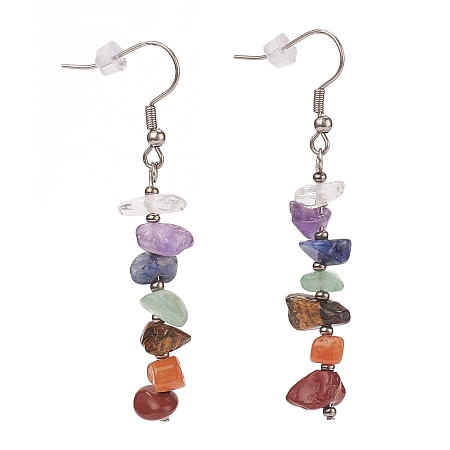 Honeyhandy Chakra Jewelry, Chip Natural Gemstone Dangle Earrings, with Glass Seed Beads, 316 Surgical Stainless Steel Earring Hooks and Plastic Ear Nuts, Stainless Steel Color, 58~60mm, Pin: 0.8mm