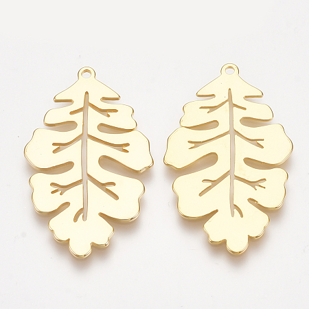 Honeyhandy Brass Pendants, Leaf, Nickel Free, Real 18K Gold Plated, 32x19x1mm, Hole: 1.2mm