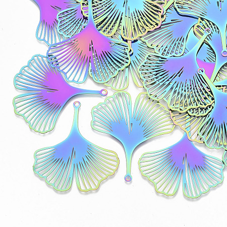 Nbeads 201 Stainless Steel Filigree Pendants, Etched Metal Embellishments, Ginkgo Leaf, Multi-color, 40x36x0.3mm, Hole: 1.6mm