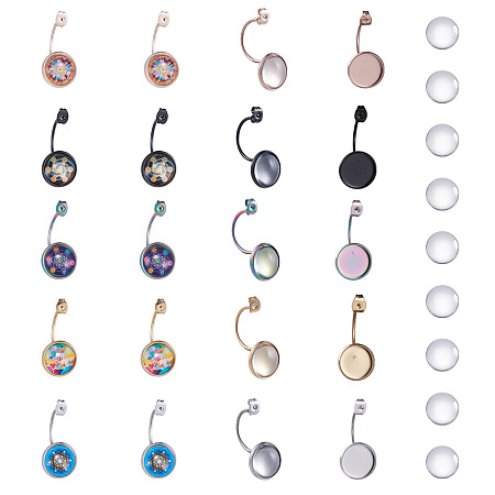 SUNNYCLUE DIY Earring Makings, with Vacuum Plating 304 Stainless Steel Ear Nuts, Earring Backs and Transparent Glass Cabochons, Flat Round, Mixed Color, 27x12x15mm, Hole: 0.8mm