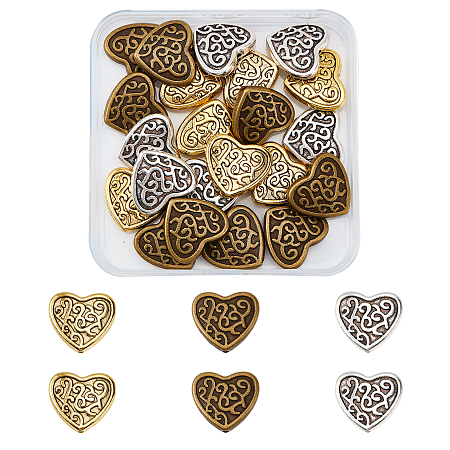 SUPERFINDINGS Tibetan Style Alloy Beads, Cadmium Free & Nickel Free & Lead Free, Heart, Mixed Color, 17x18.5x5mm, Hole: 2mm, 3 colors, 10pcs/color, 30pcs/box